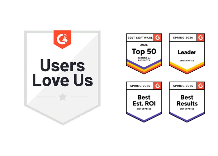 Reconocimientos de G2: Users Love Us, Top 50 Best Software 2026, Leader Enterprise Spring 2026, Best Est. ROI y Best Results